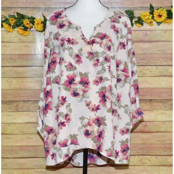 Krazy Kat Chiffon Pink Floral Blouse Roll Tab Sleeve Plus 3X Causal Night Out - Picture 1 of 11